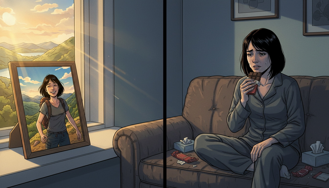 Девушка заедает стресс шоколадкой