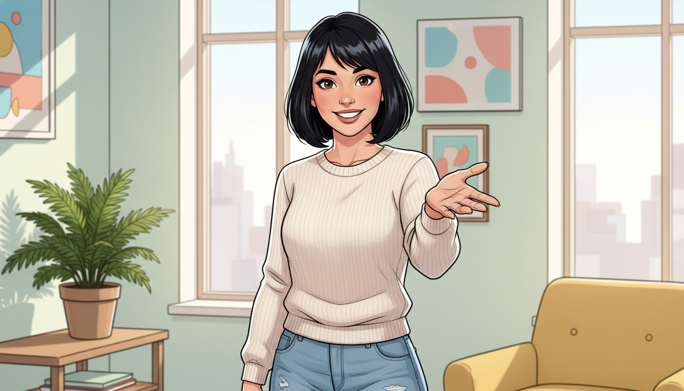 Улыбающаяся девушка-нутрициолог протягивает руку, приглашая начать путь к здоровому телу.